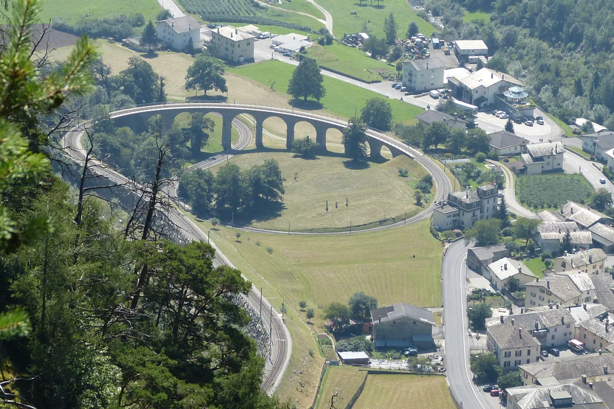 The Bernina Express on the Brusio circular viaduct, Switzerland