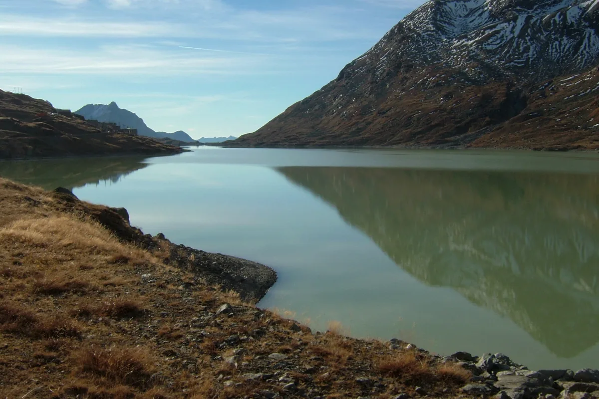 Lago Bianco and the Bernina Pass on the Bernina railway, Switzerland